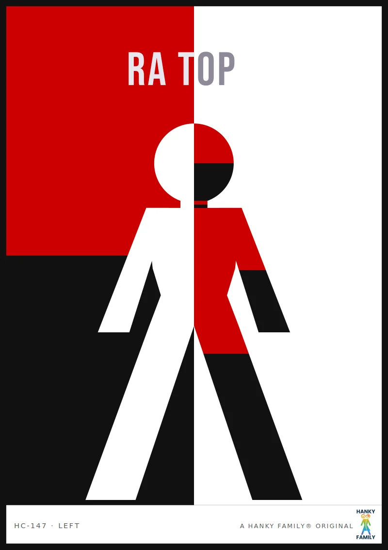 Relationship Anarchist — RED / BLACK SPLIT hanky code print, left pocket: RA TOP