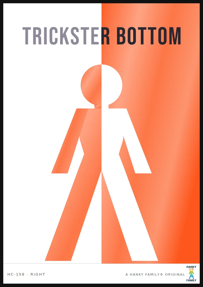 Trickster Energy — MISCHIEF ORANGE hanky code print, right pocket: TRICKSTER BOTTOM