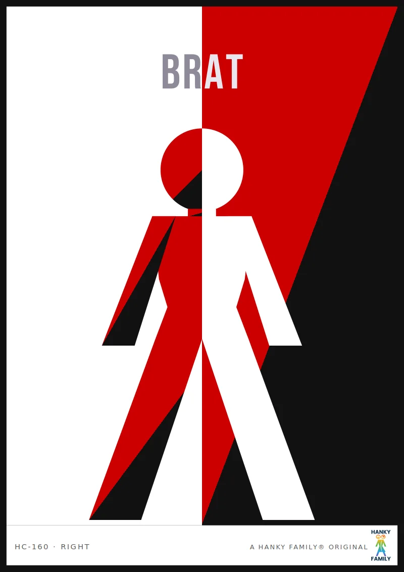Brat Energy — DEFIANT RED/BLACK SPLIT hanky code print, right pocket: BRAT
