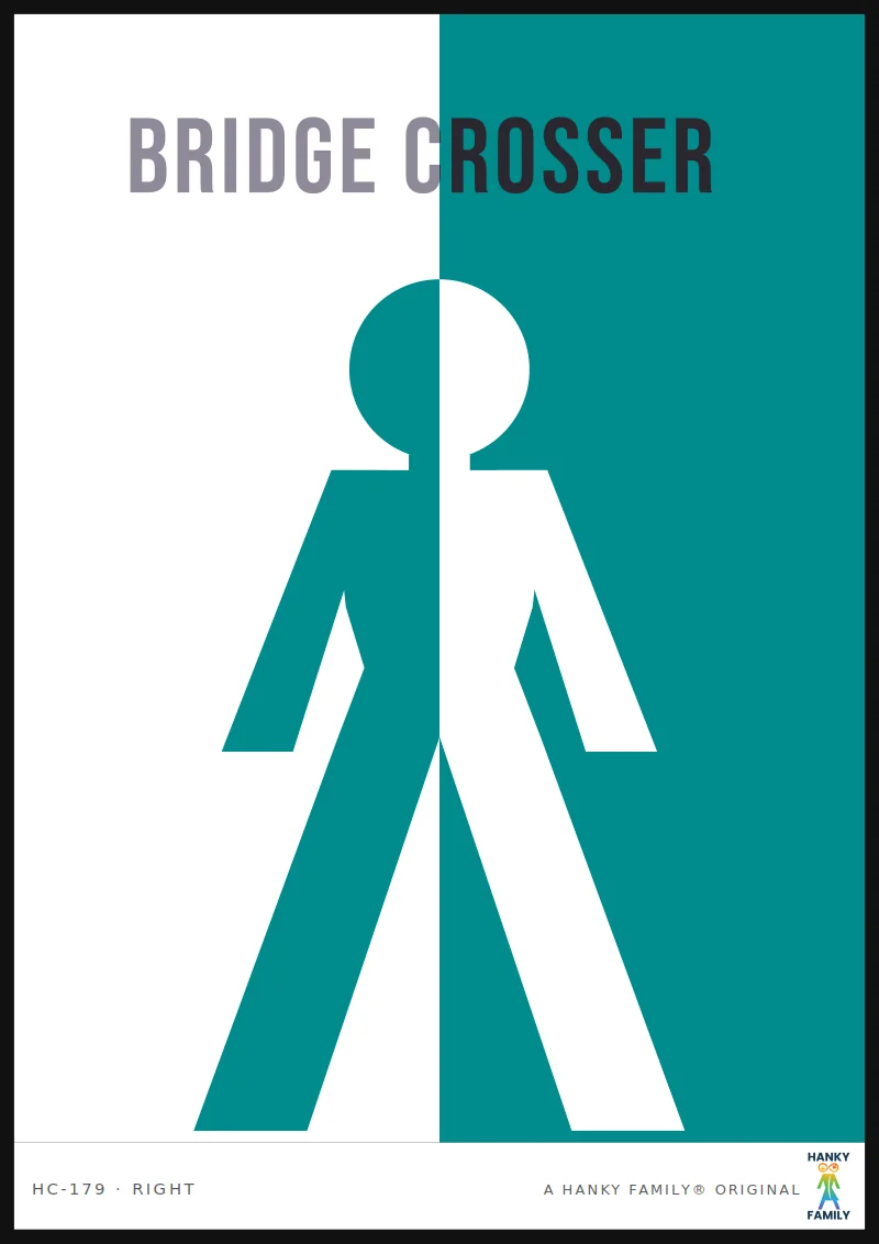 Bridge Builder — CONNECTION TEAL hanky code print, right pocket: BRIDGE CROSSER