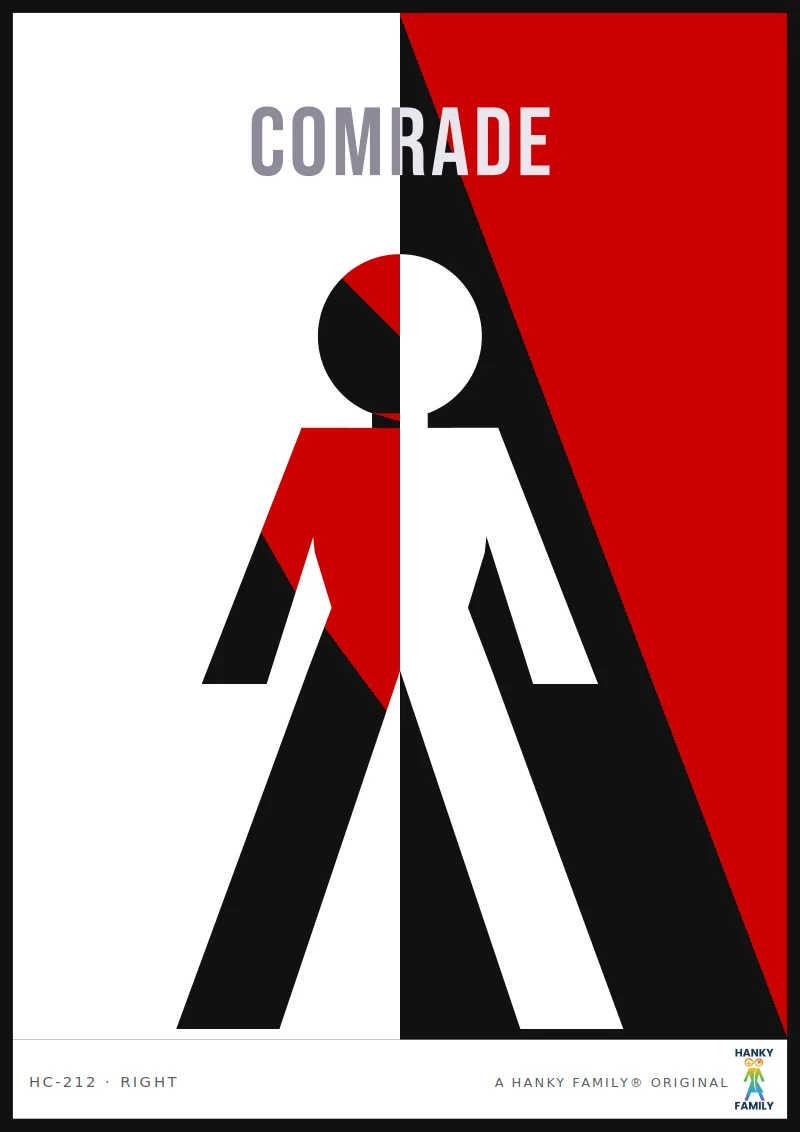 Revolutionary — REVOLT RED/BLACK SPLIT hanky code print, right pocket: COMRADE